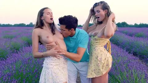 A duo of platinum-blonde damsels have a 3 way with a twink