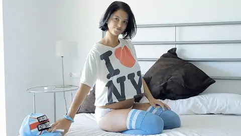 Teenage honey taunting with fat congenital udders and puny backside