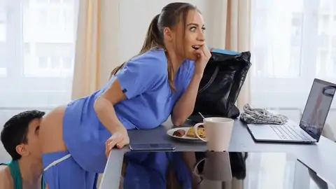 Whorish nurse gets her ample congenital funbags groped by her beau