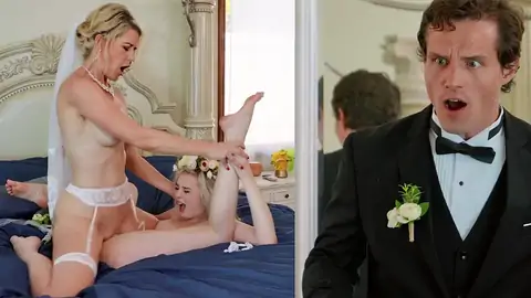 The groom catches the wife scissoring a girly-girl