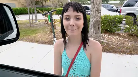 Ultra-Adorable teen is showcasing her lil' bosoms to the driver