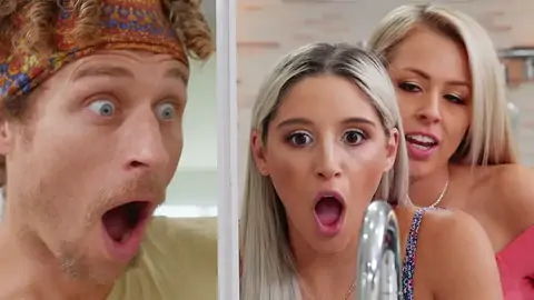 A fellow and two blondes are stashing from another lad