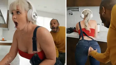 BIG BLACK COCK is pummeling curvy platinum-blonde cockslut in the kitchen