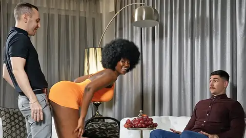 Ebony hotty on her knees gives hubby's chief a blow-job