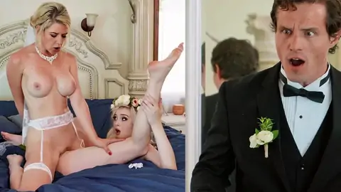 The groom catches the wife scissoring a girl/girl