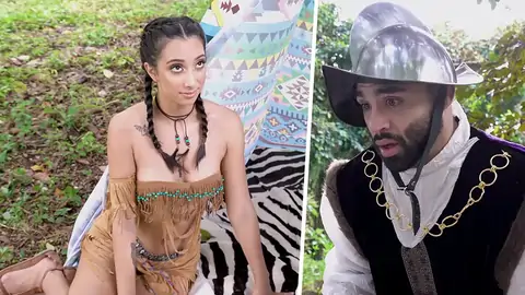 Outdoors pummel-out for a woman cosplaying as an Indian