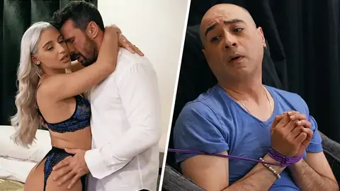 Boy with trussed forearms is attempting to boink a platinum-platinum-blond gal